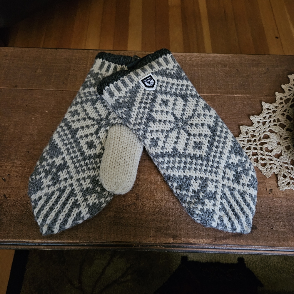 Hestra Grey and White Wool Mittens